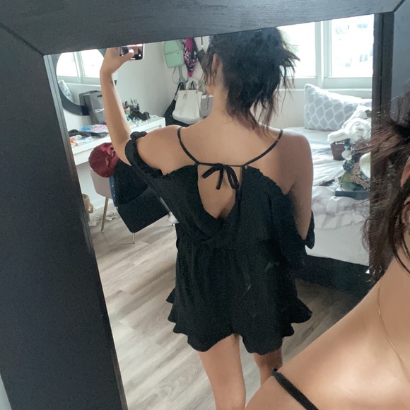 Black Romper With Embodied Rose Accents and Tie - Picture 3 of 7